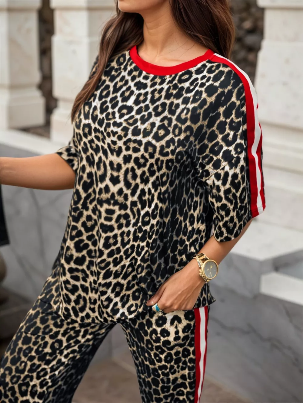 Leopard Round Neck Top and Pants Two-Piece Set, image 5