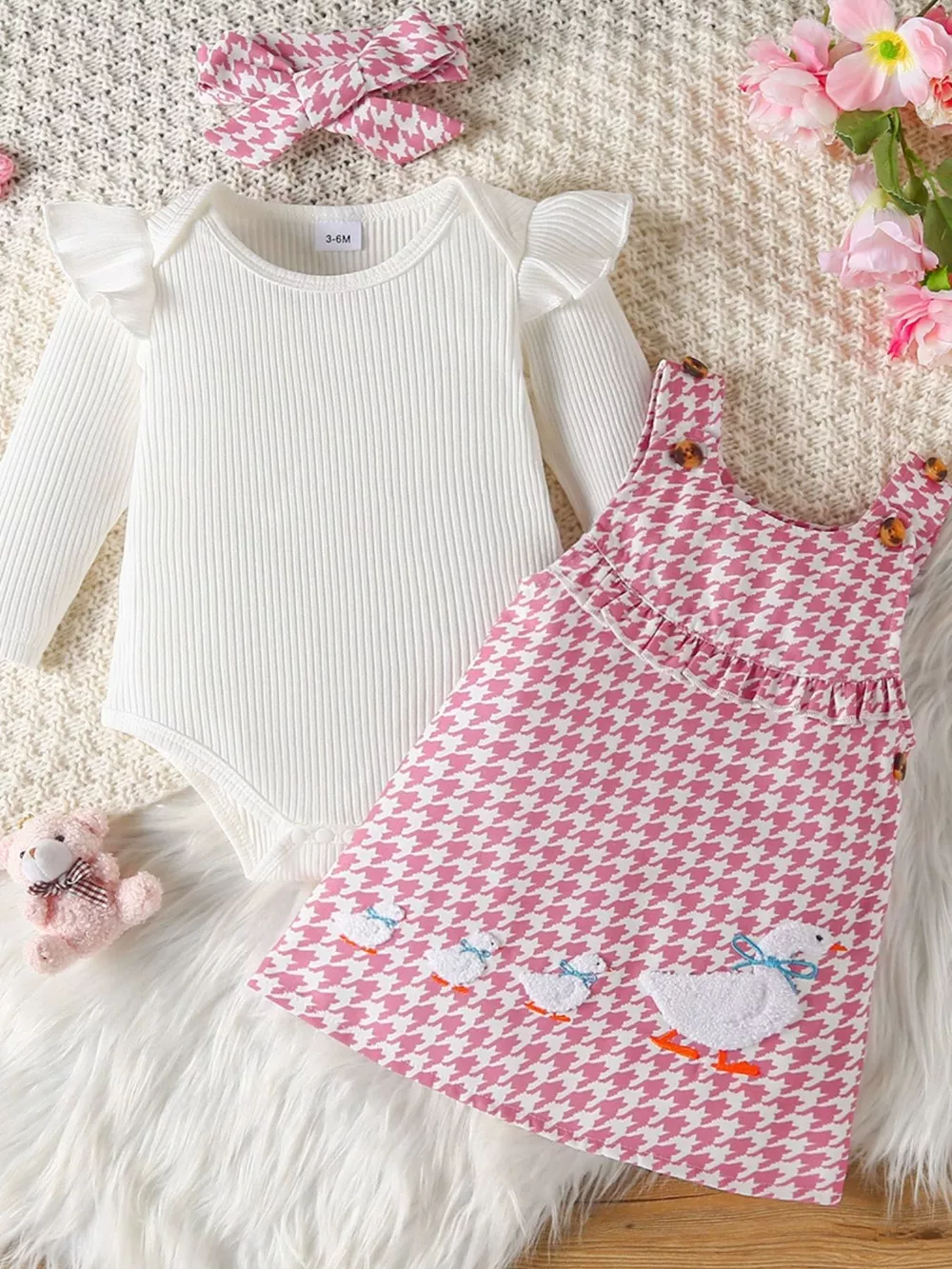 Children's Ruffled Trim Bodysuit and Dress Set with Headband, image 2