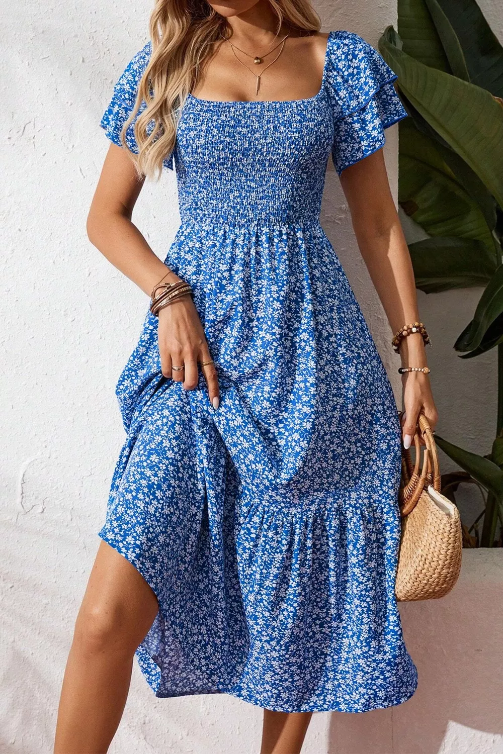 Ditsy Floral Print Smocked Square Neck Ruffle Short Sleeve Dress, image 2