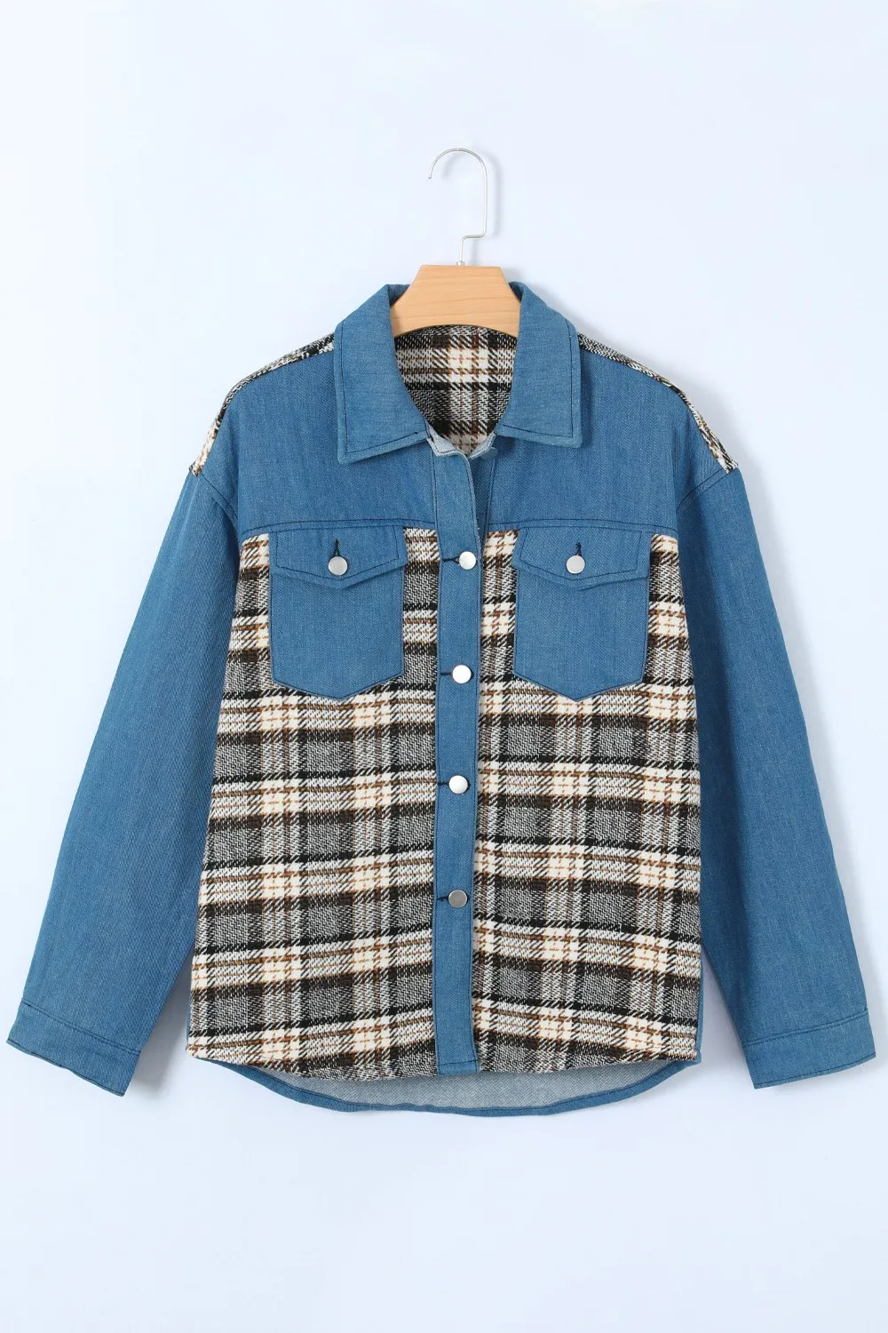 Plaid Pocketed Button Up Denim Jacket, image 8