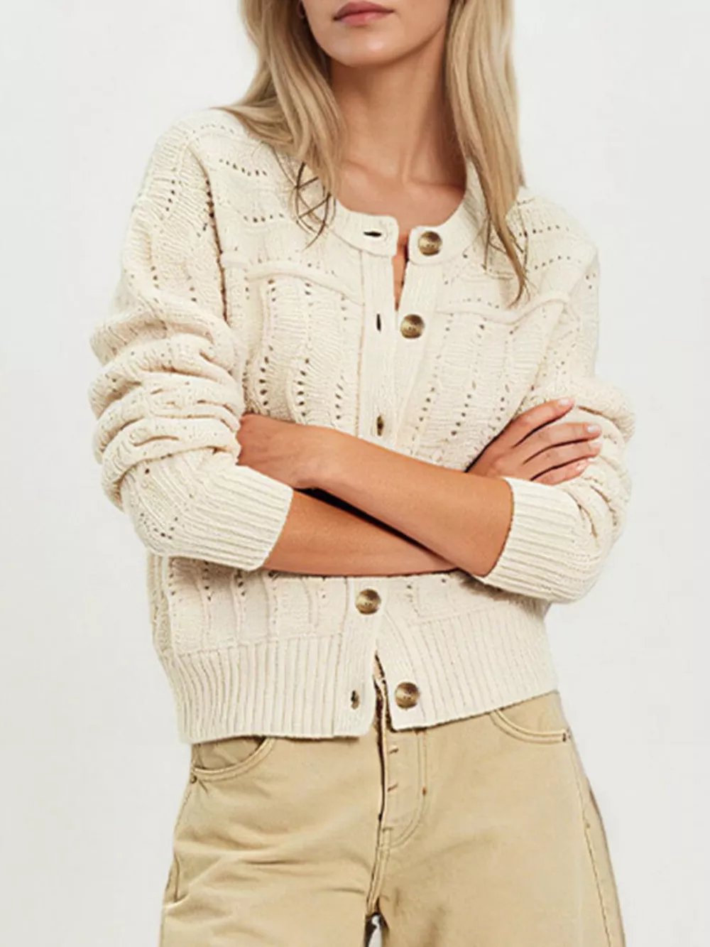 Openwork Button-Down Knit Cardigan, image 10