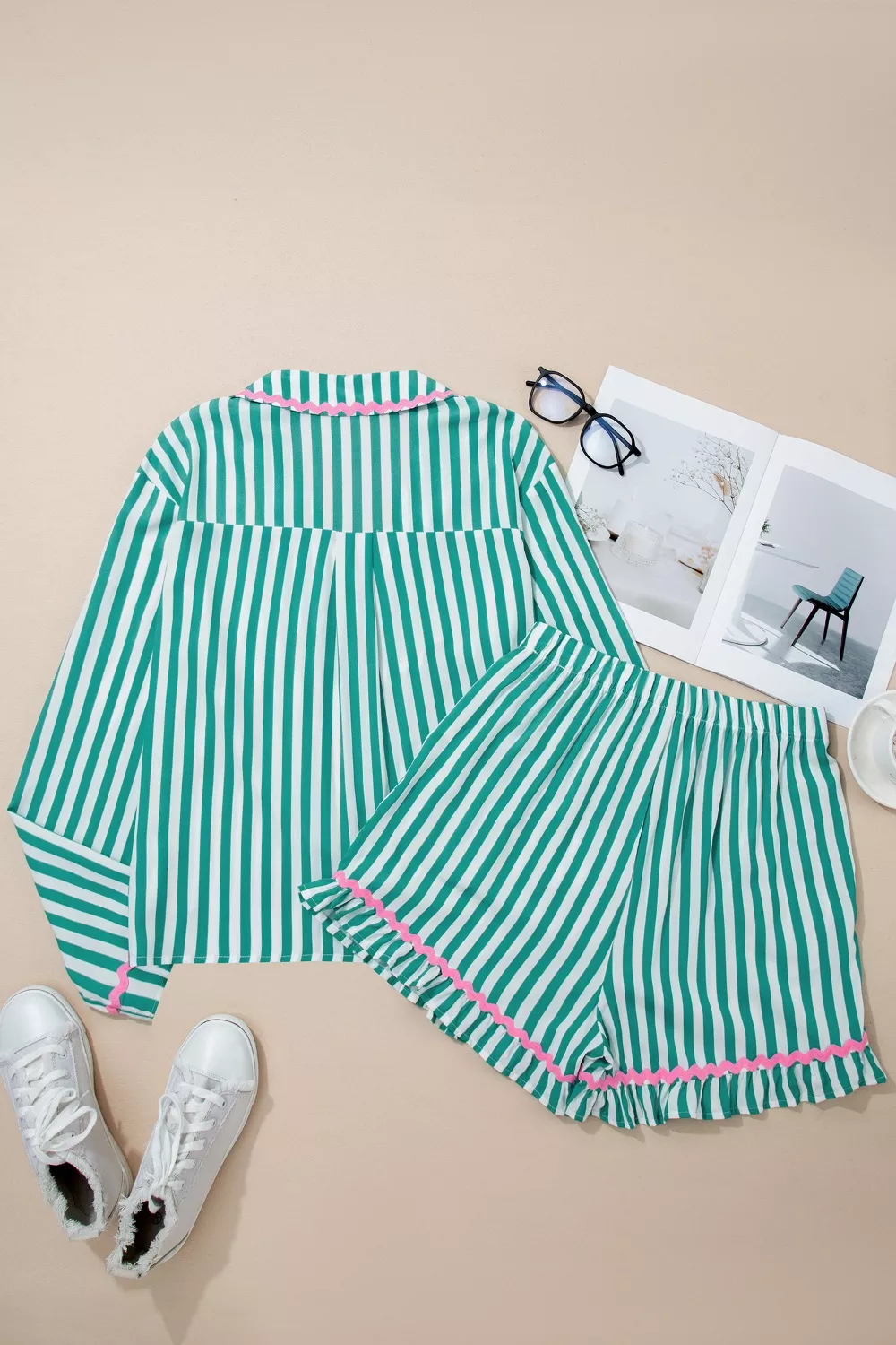 Stripe Contrast Ricrac Trim Long Sleeve Shirt Drawstring Ruffled Pajama Short Set, image 6