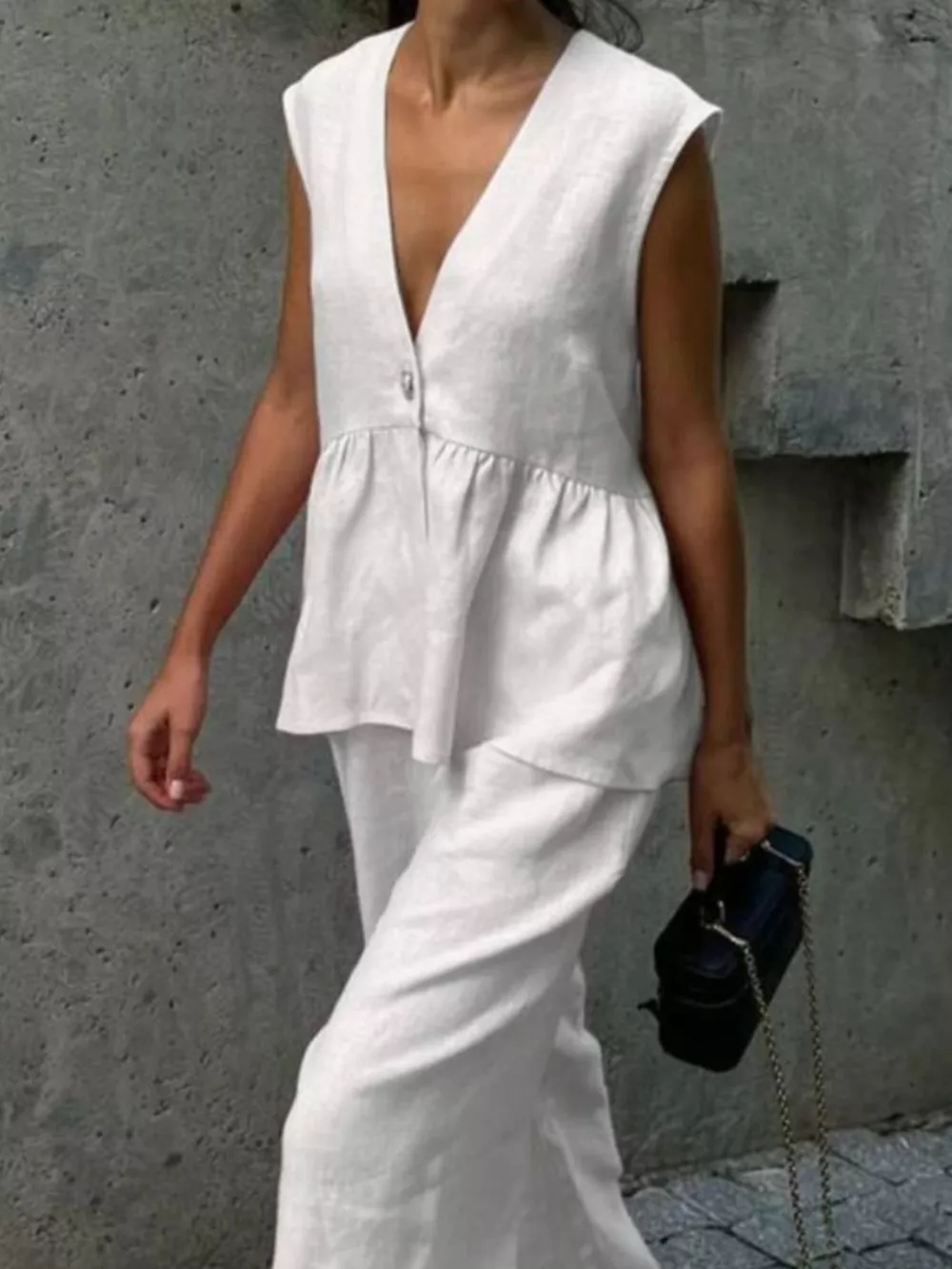 One Button Sleeveless Top and Wide-Leg Pants Set, image 7