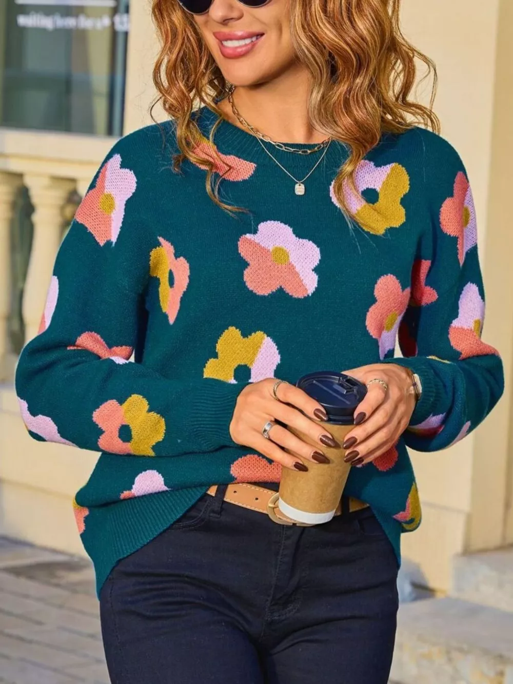 Floral Crew Neck Long Sleeve Sweater, image 9
