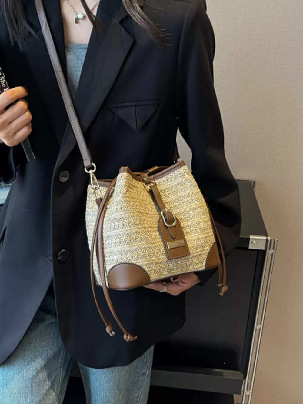 Woven Straw Bucket Crossbody Bag, image 5