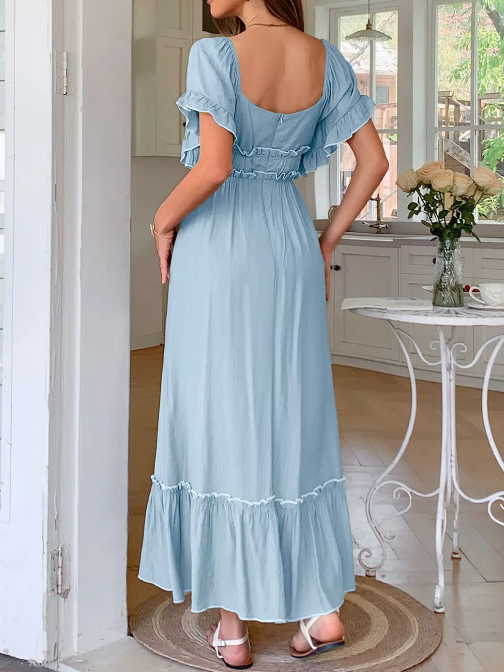 Square Neck Puff Sleeve Ruffle Trim Maxi Dress, image 11