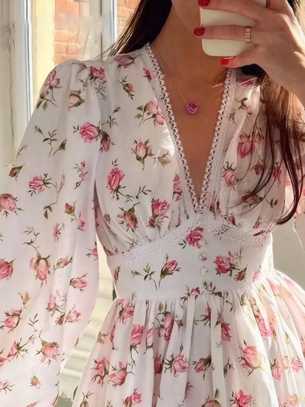 Full Size Floral Print Lace Detail V-Neck Mini Dress Plus SIze, image 5