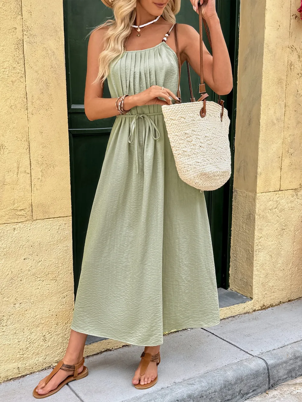 Pleated Adjustable Strap Cami Dress, image 4