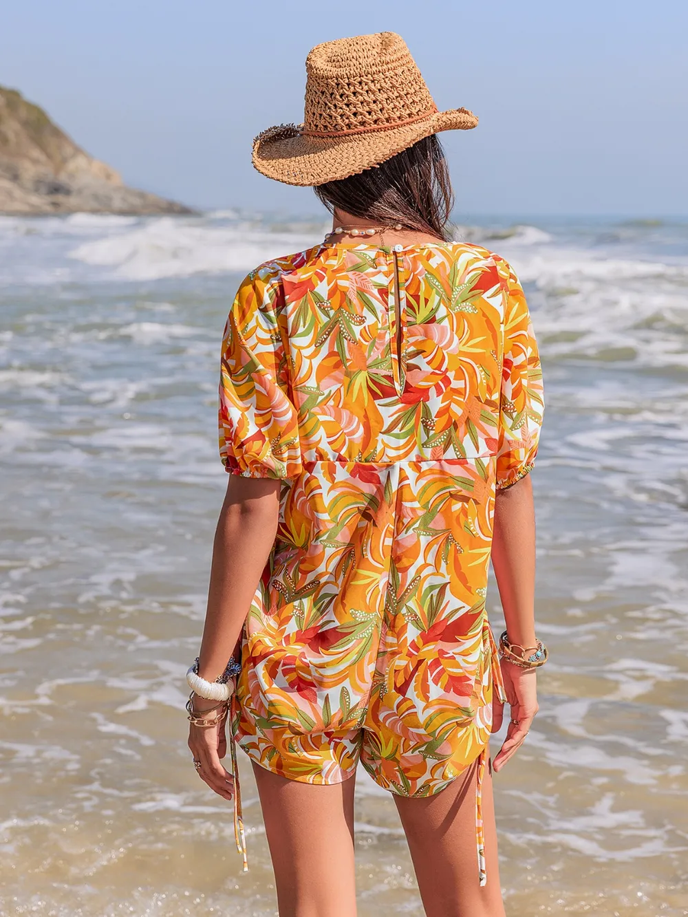Smocked Printed Tie Neck Romper, image 4