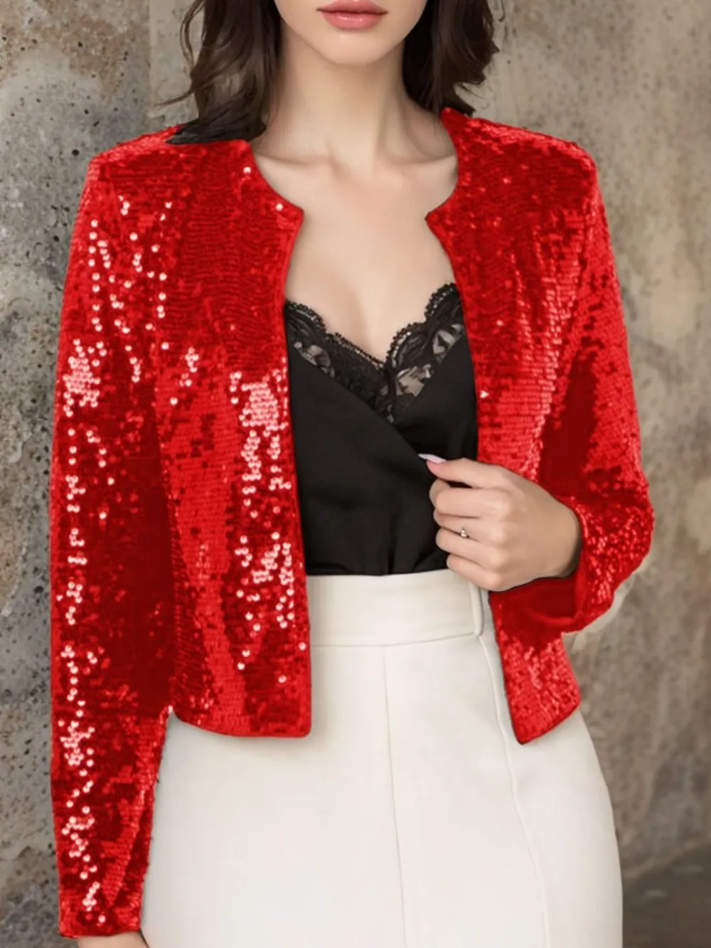 Full Size Sequin Open Front Cropped Jacket, image 12
