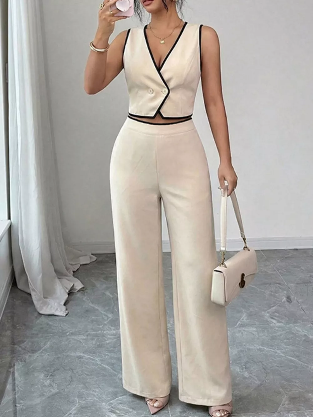 Contrast Trim Vest & Wide Leg Pants Set, image 5