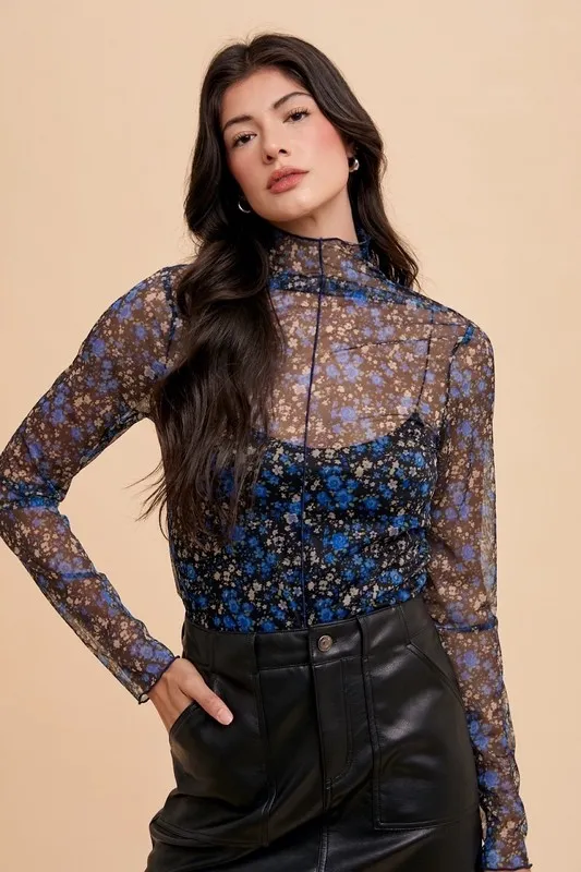 Floral Lettuce Hem Sheer Mesh Top, image 3