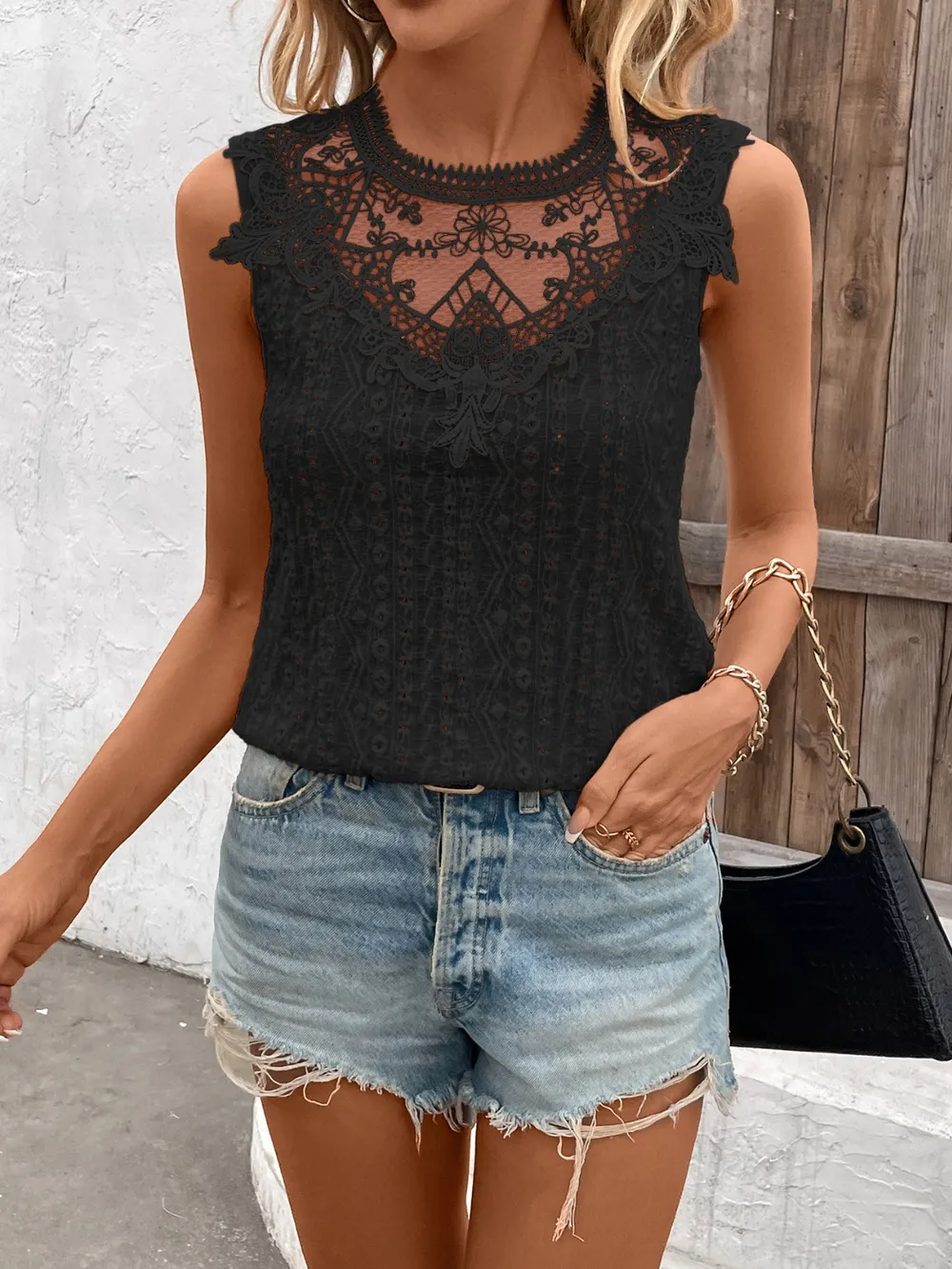 Lace Detail Eyelet Round Neck Tank, image 7