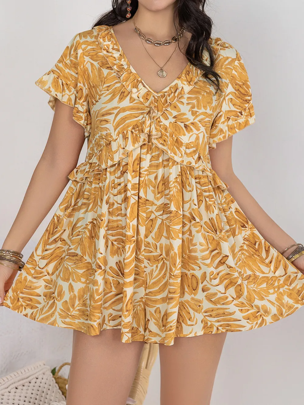 Printed V-Neck Short Sleeve Romper, image 5