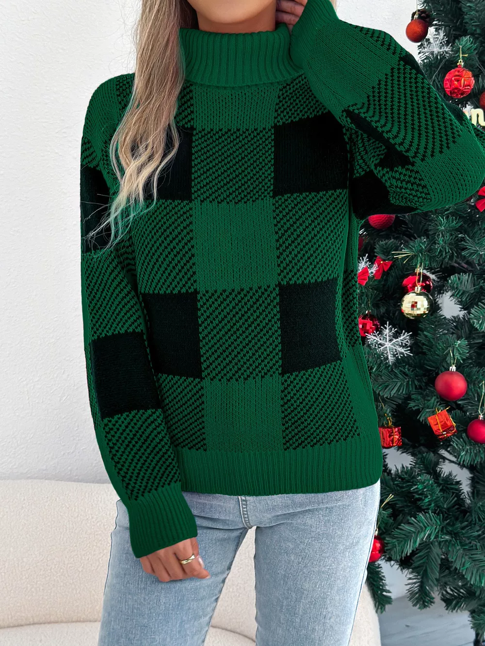 Christmas Plaid Long Sleeve Turtleneck Sweater, image 5