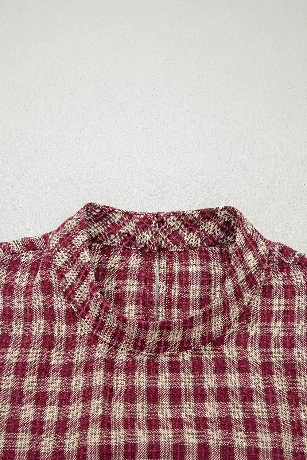 Country Plaid Long Sleeve Button Keyhole Pleated Loose Blouse, image 5