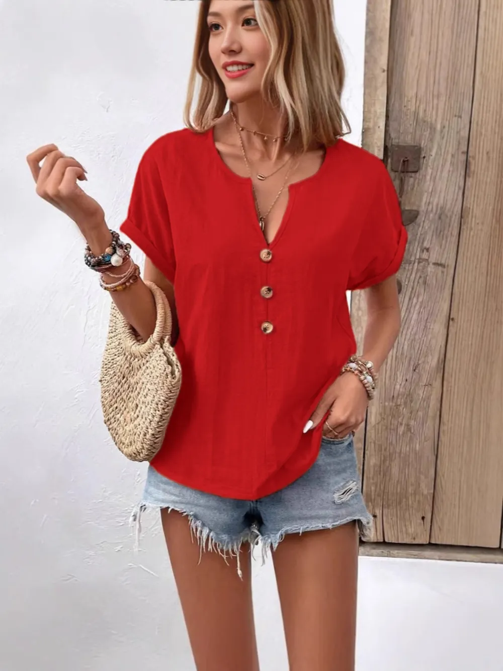 Full Size Notched Short Sleeve Top Plus Size, image 19