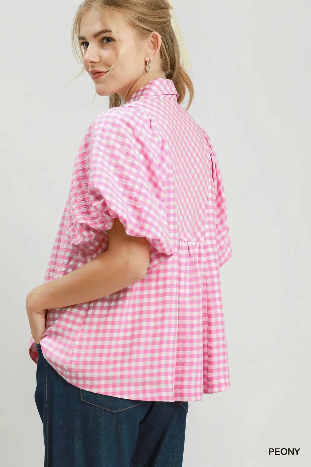 Smocked Yoke Puff Sleeve Gingham Blouse, image 3