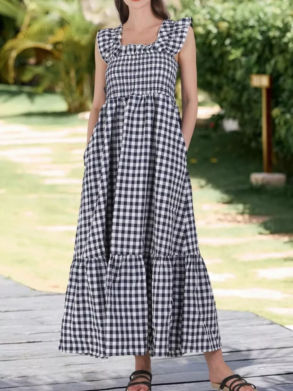 Ruffled Sleeveless Gingham Midi Dress, image 2