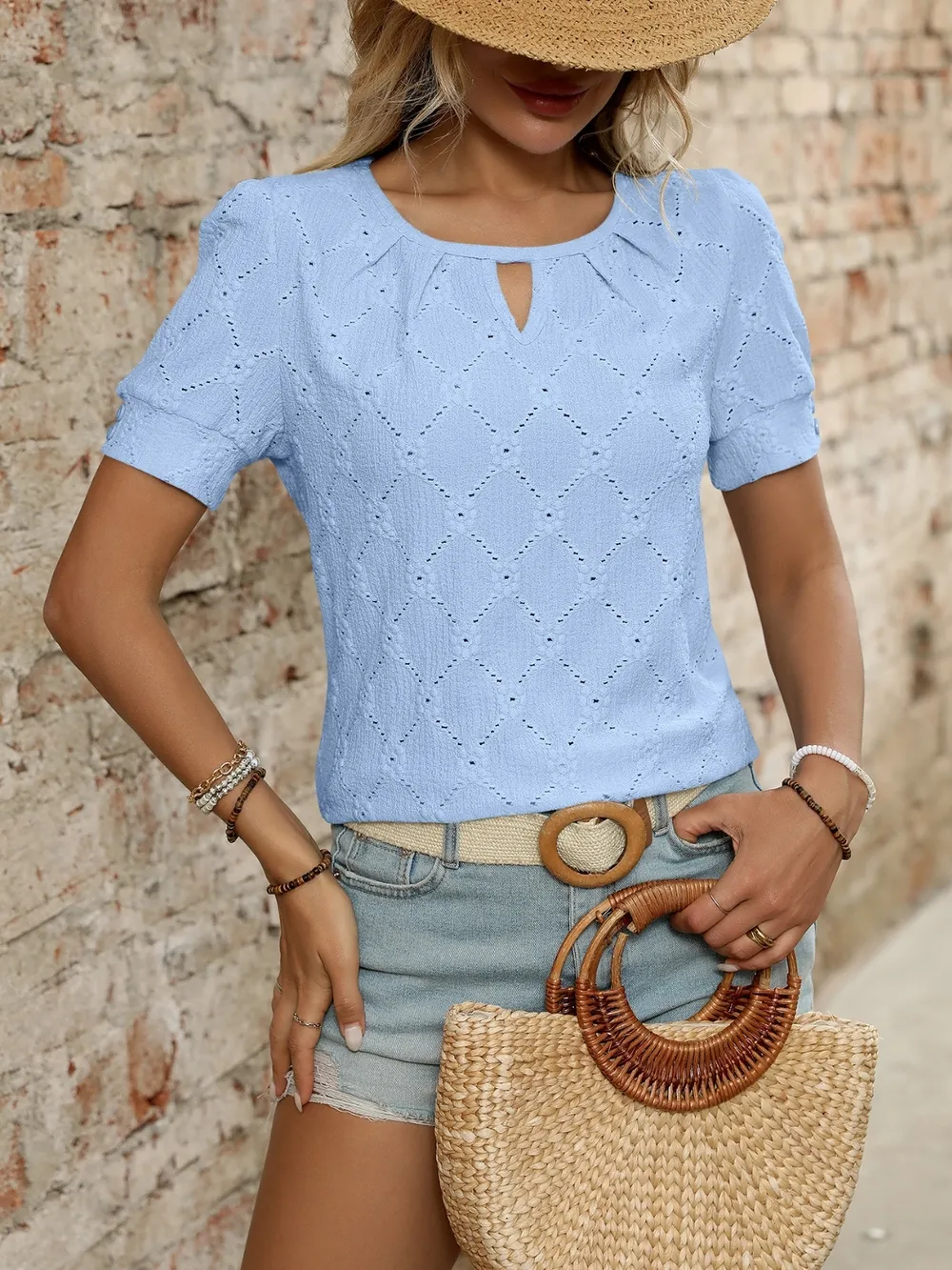 Eyelet Round Neck Short Sleeve Top, image 12