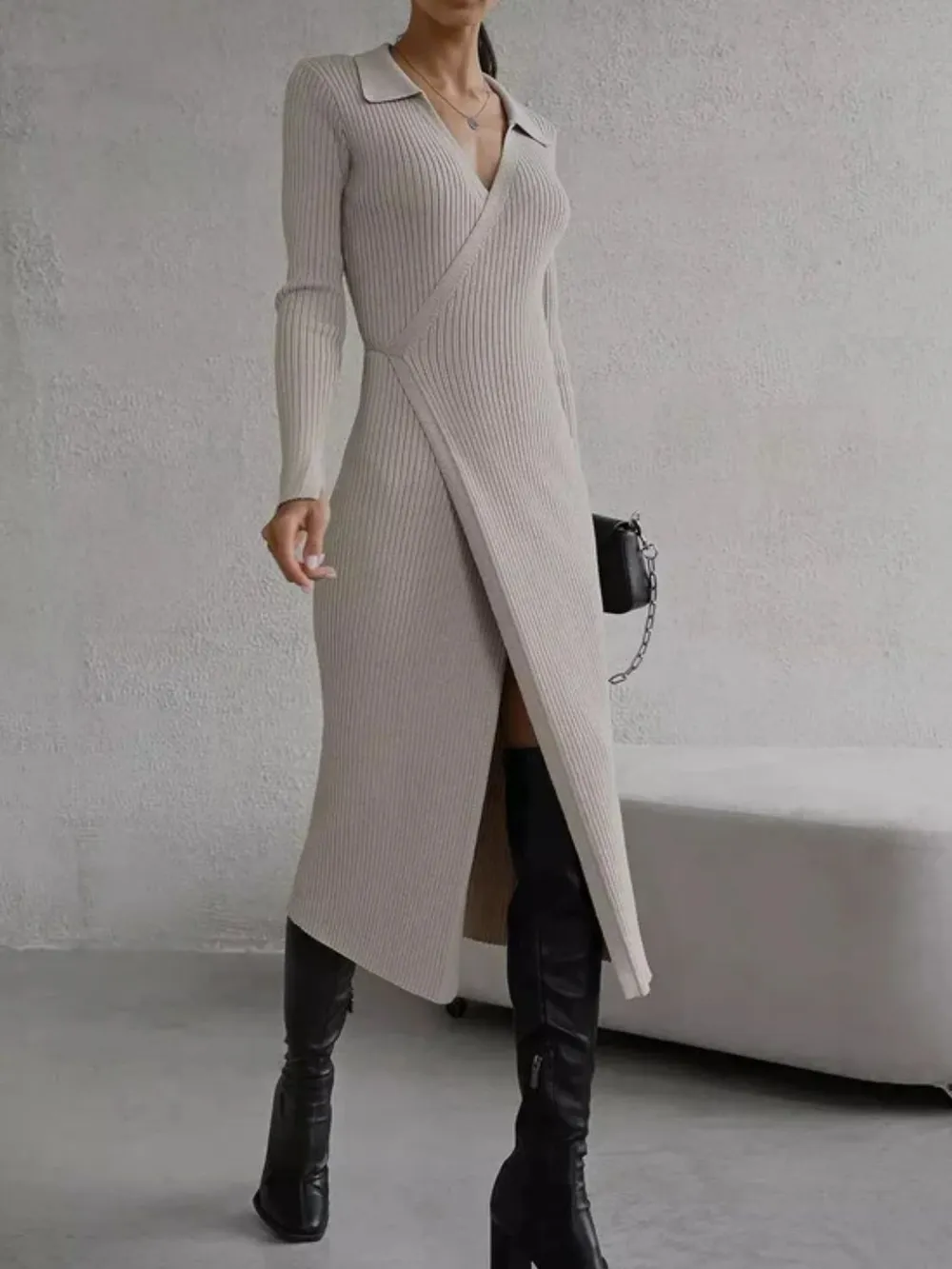 Tied Collared Neck Long Sleeve Sweater Dress, image 2
