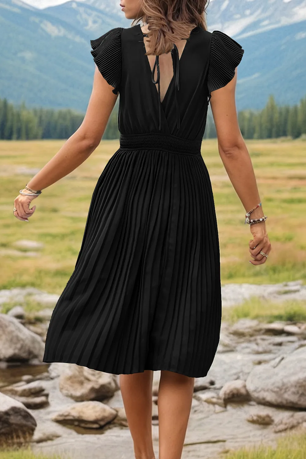 Tied Smocked Waist Flutter Sleeve Dress, image 7