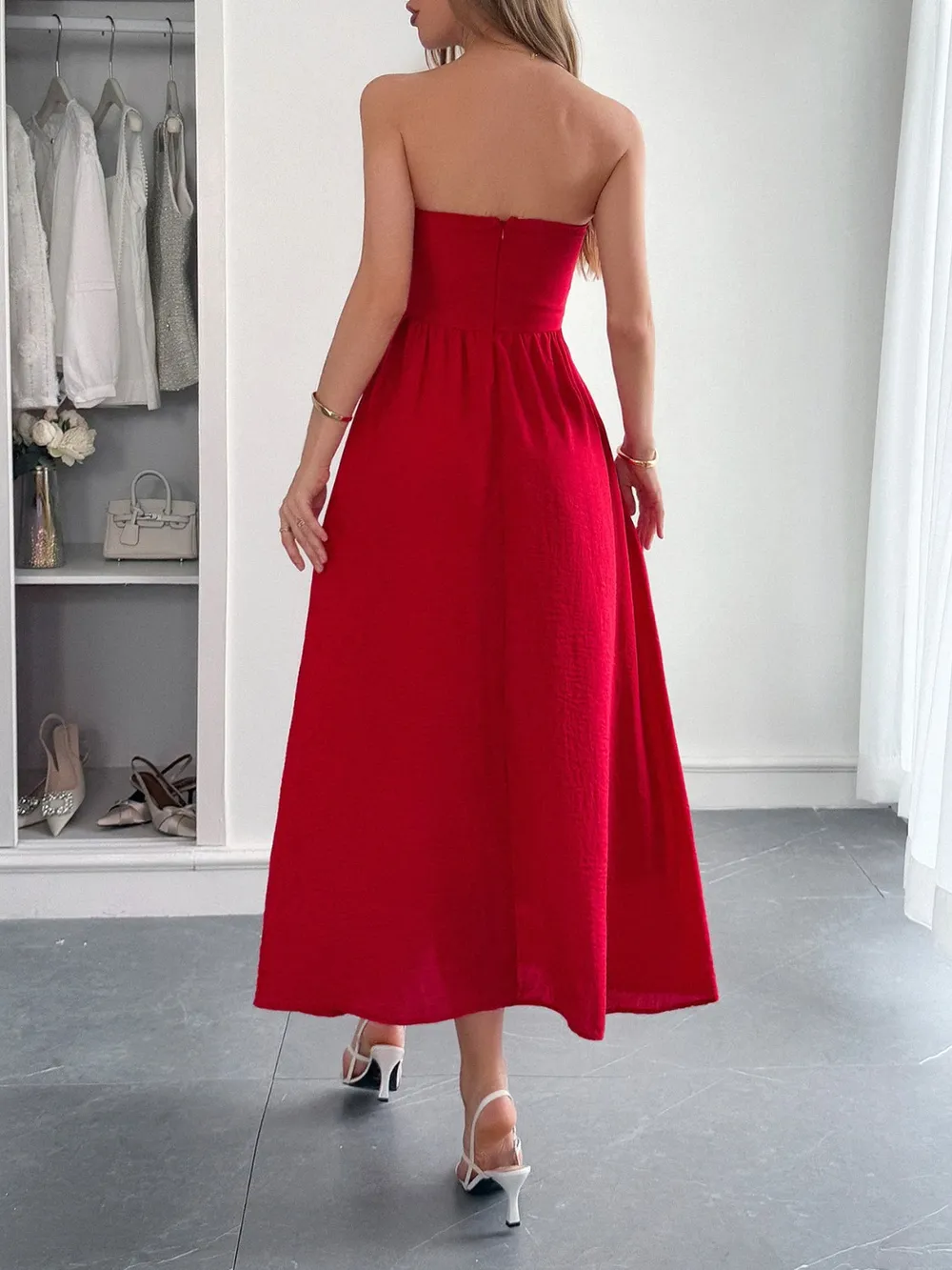 Strapless A-Line Midi Dress with Pockets, image 11