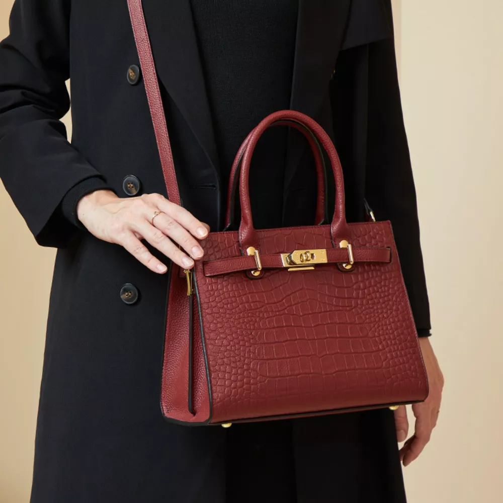 Crocodile-Embossed Leather Top Handle Handbag, image 3