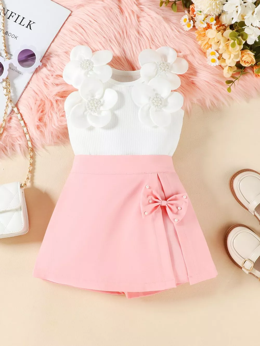 Children's Floral Applique Top & Bow Decor Skirt Set, image 2