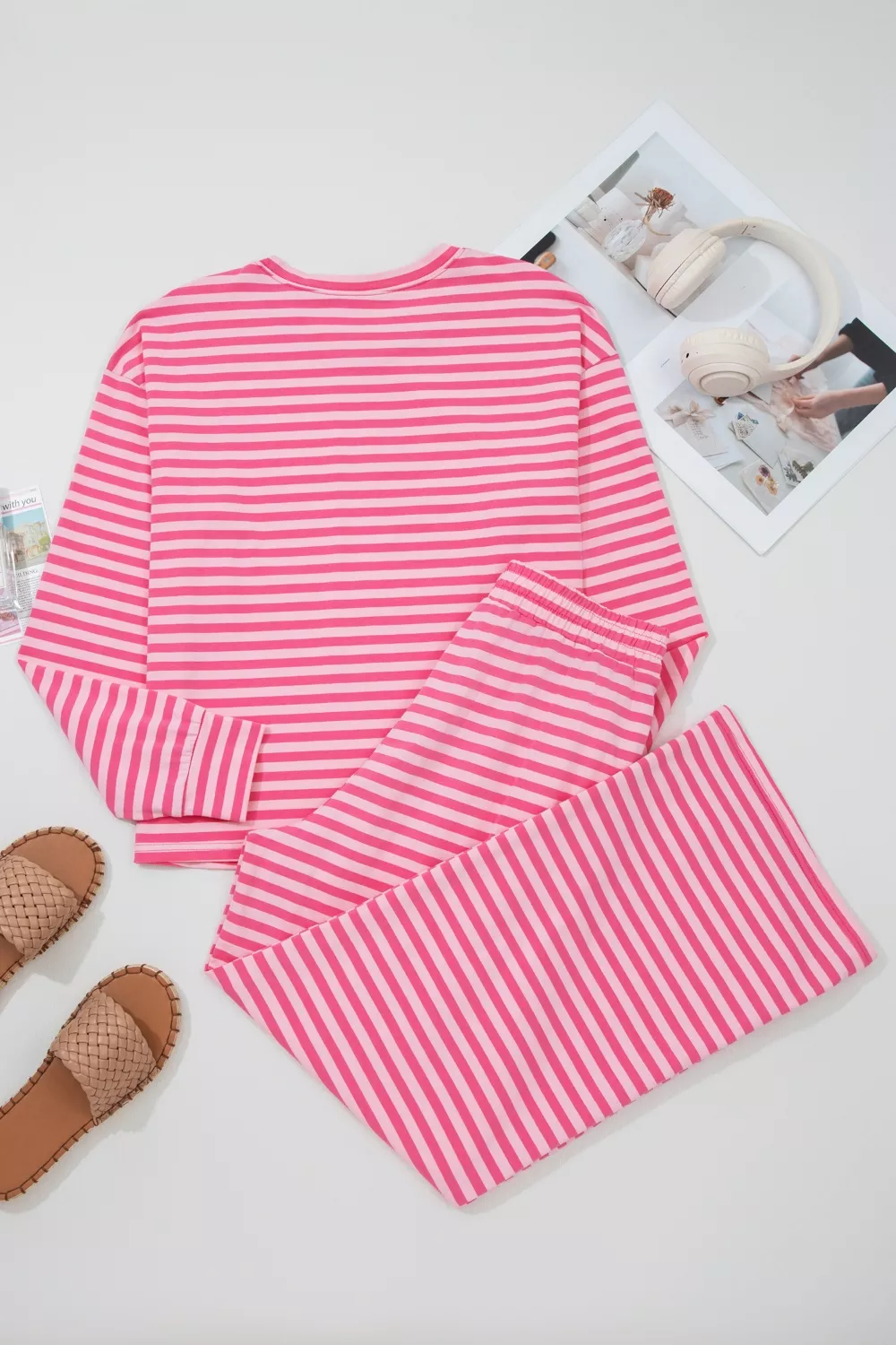 Stripe Drop Shoulder Round Neck Top and Buttoned Straight Pants Two Piece Set, image 8