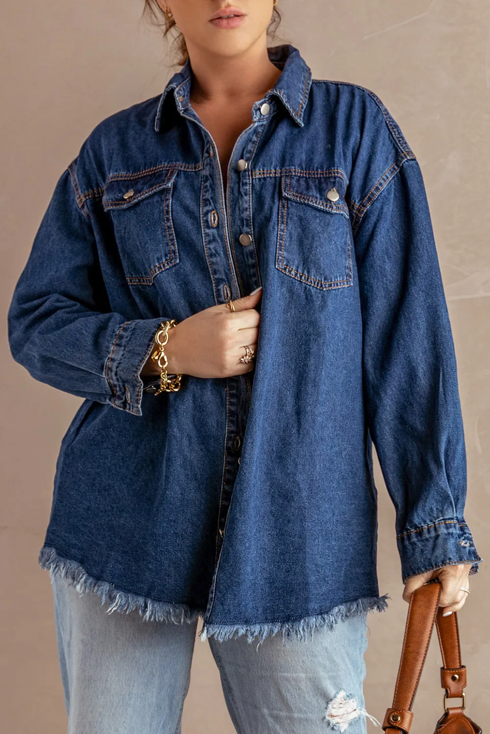 Button Up Pocketed Raw Hem Denim Jacket, image 8