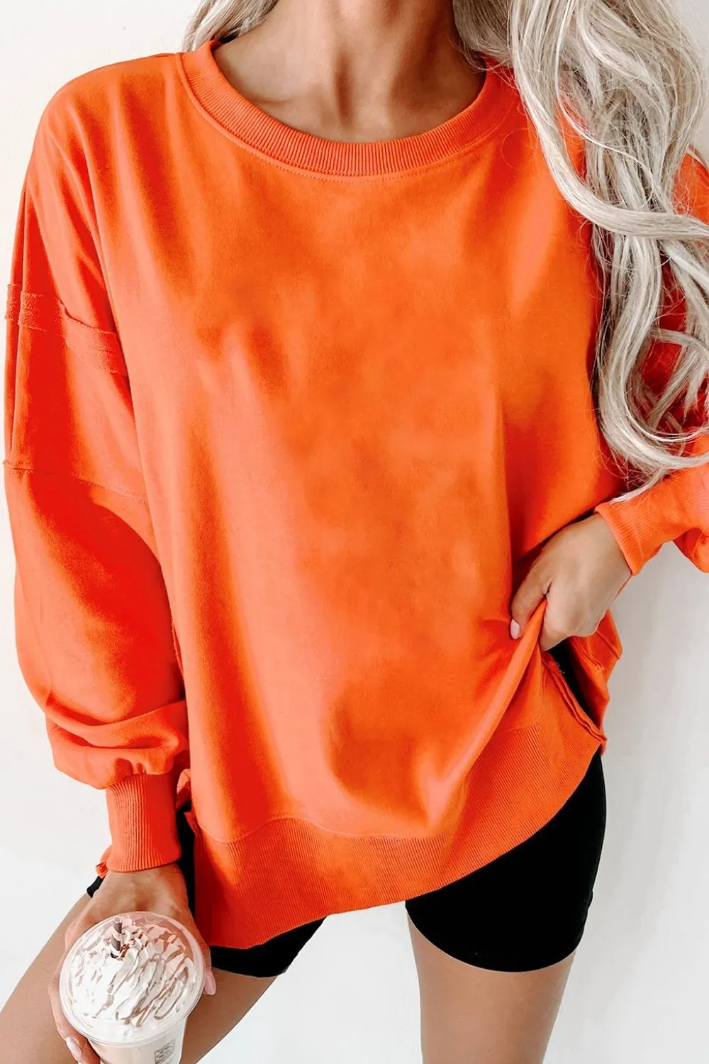 Side Slit Round Neck Long Sleeve Sweatshirt, image 24