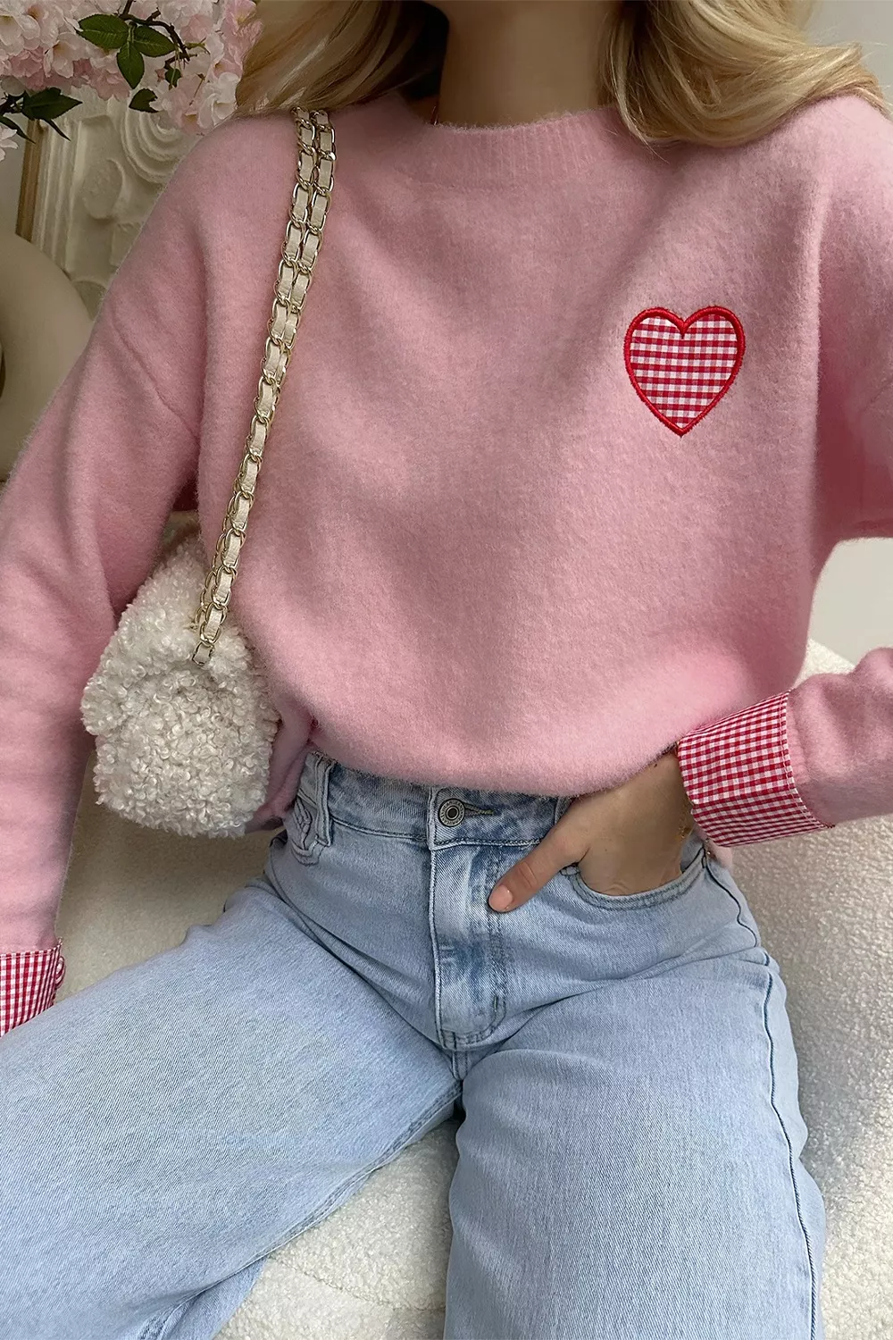 Plaid Heart Embroidered Cuffed Drop Shoulder Crew Neck Sweater, image 5