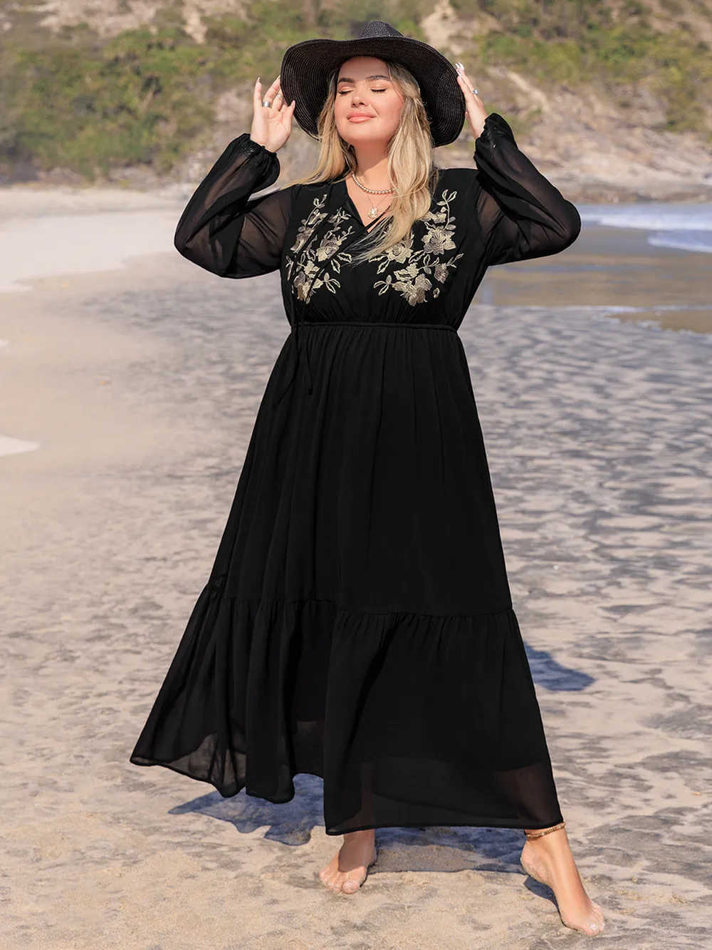 Plus Size Embroidered Tie Neck Long Sleeve Dress, image 3