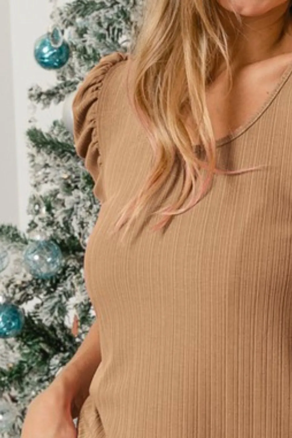 Verigated Rib Knit Puff Sleeves Shorts Top, image 3