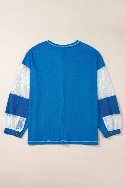 Lace Patchwork Sleeve Stitching V Neck Top, image 6
