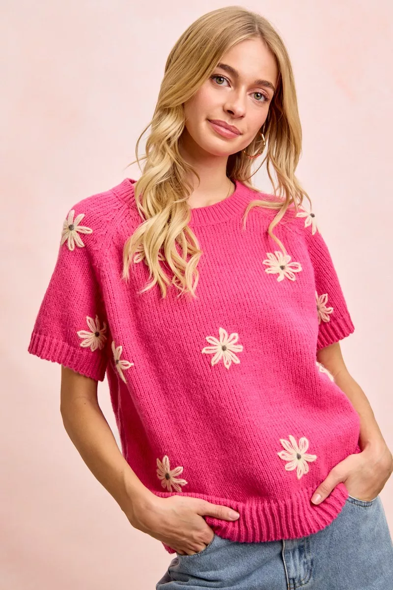 Flower Embroidered Short Sleeves Knit Top, image 3