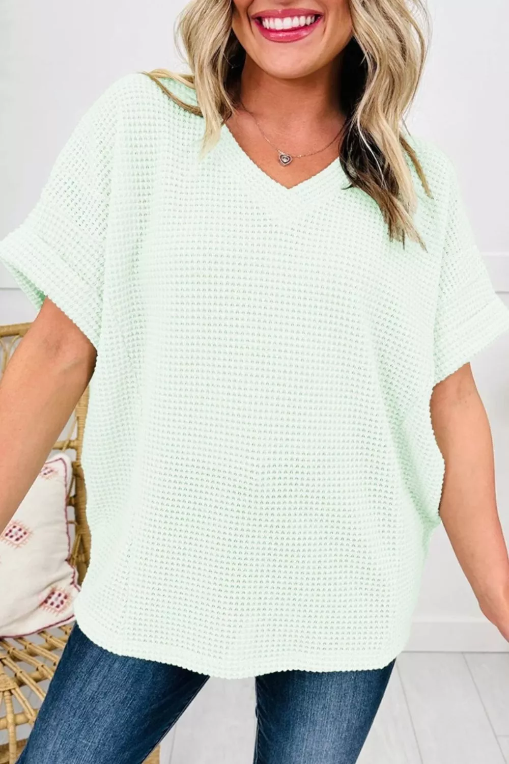 V Neck Short Sleeve Plus Size Waffle Knit Top, image 11