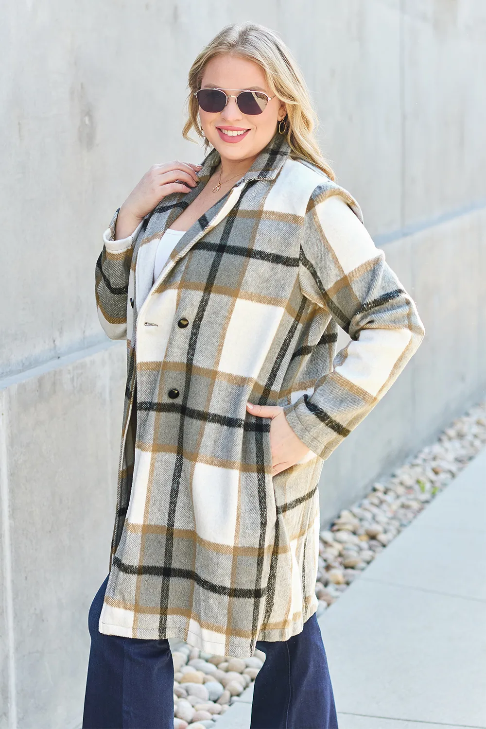 Full Size Plaid Button Up Lapel Collar Coat, image 34
