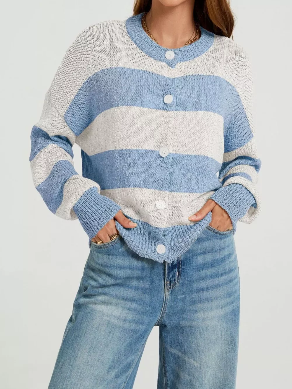 Casual Striped Button-Down Knit Cardigan