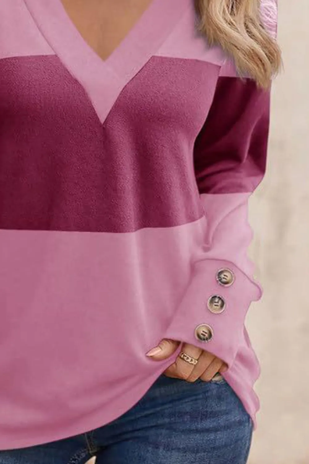 Decorative Button Contrast V-Neck Long Sleeve T-Shirt, image 8