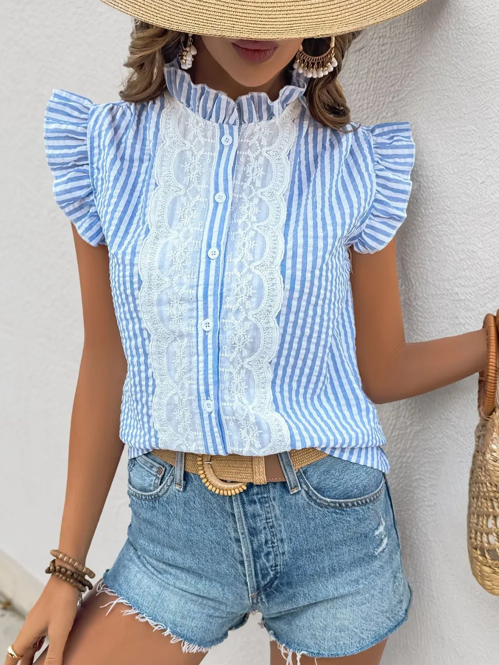 Lace Detail Button Down Cap Sleeve Shirt, image 6
