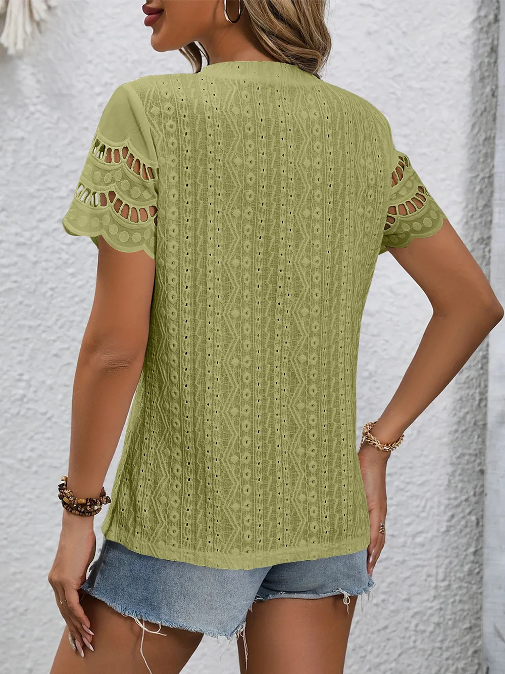 Full Size Eyelet Round Neck Short Sleeve Top, image 15