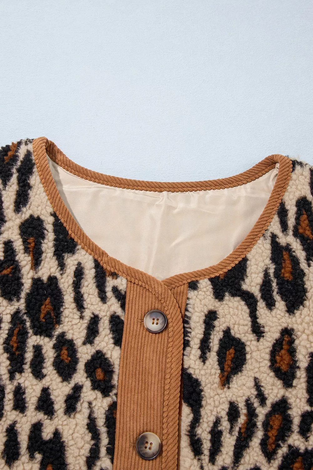 Leopard Plush Corduroy Trim Long Sleeve Jacket, image 9