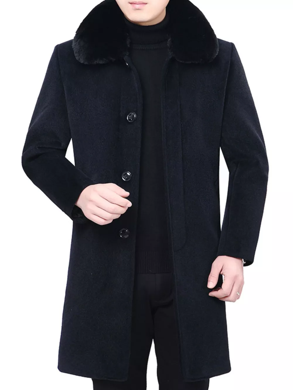 Men's Fur Collar Button Up Overcoat, image 2