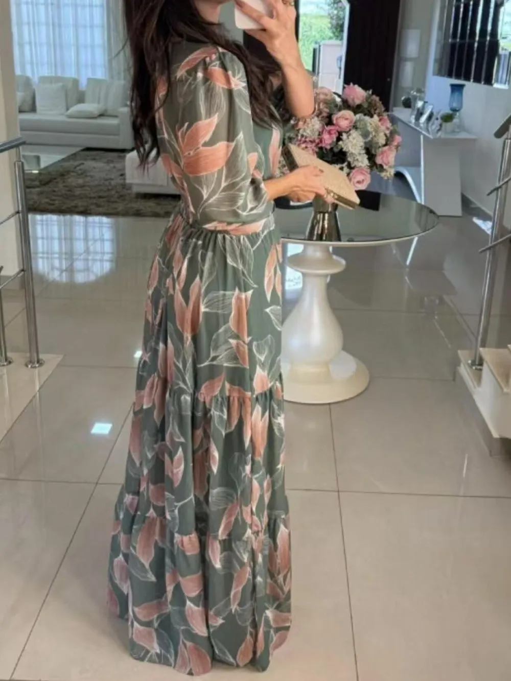Full Size Printed V-Neck Maxi Dress with Tiered Hemline Plus Size, image 5