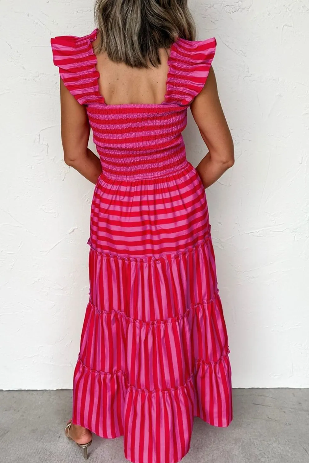 Stripe Flutter Sleeve Smocked Bodice Tiered Maxi Dress, image 6