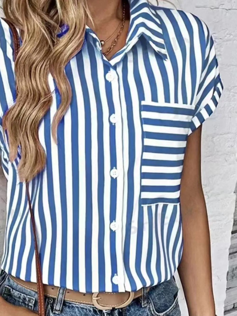 Striped Button-Up Short Sleeve Shirt with Pocket, image 12