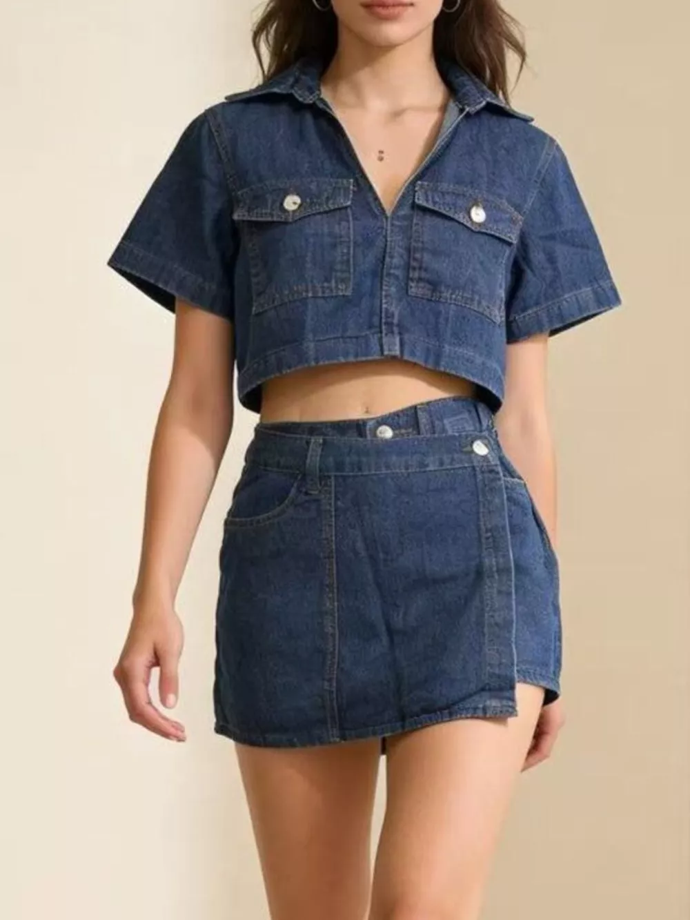 Short Sleeve Cropped Top and Skort Denim Set, image 9