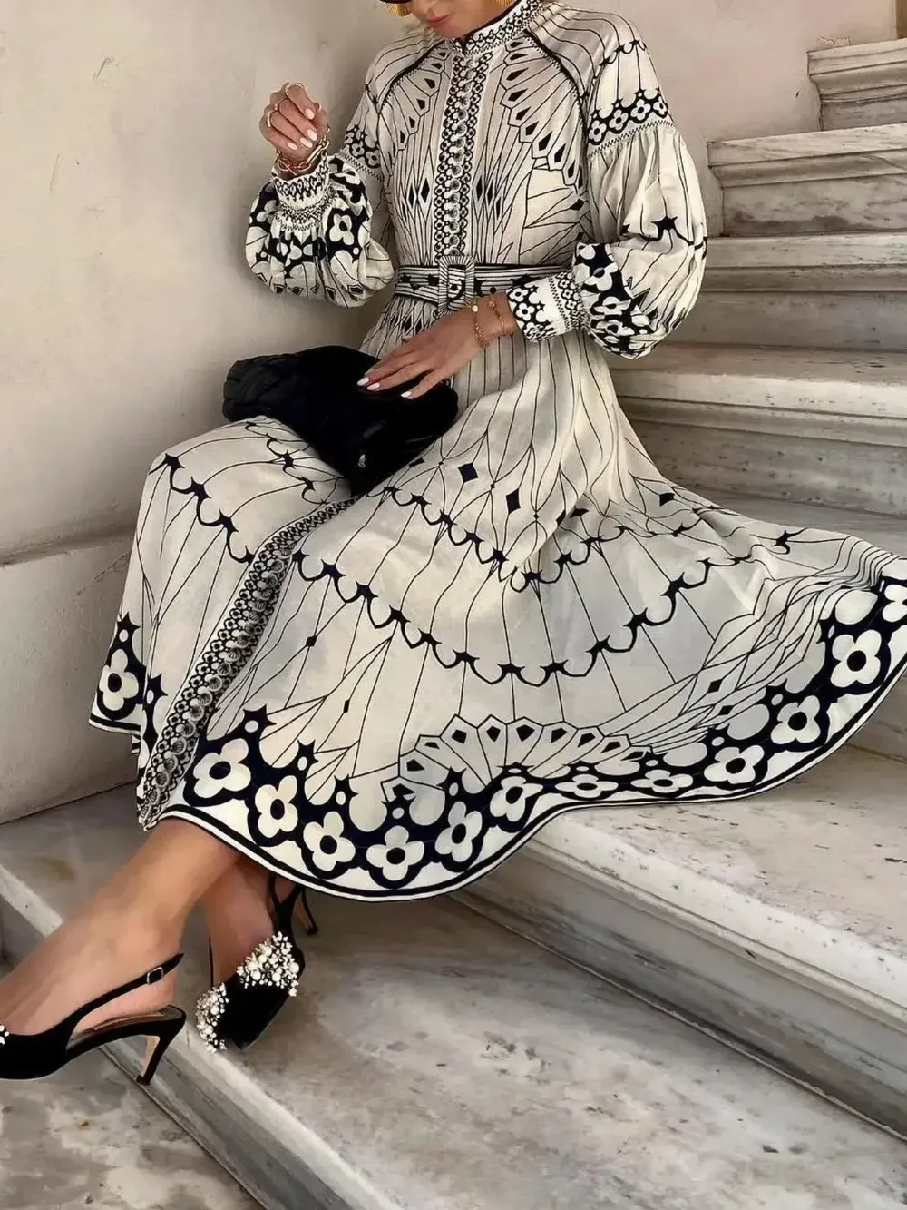 Printed Long Sleeve Shirt Dress with Belt, image 3